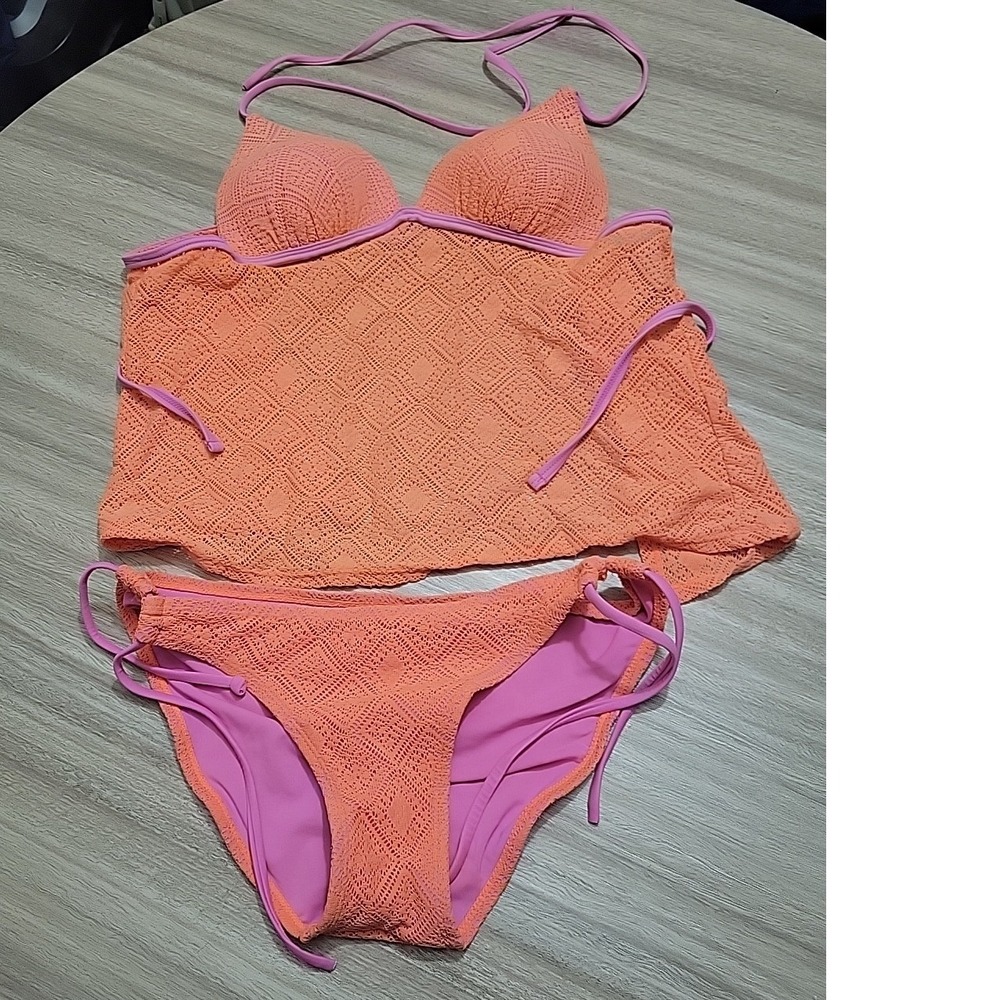 Arizona Jean Co Orange Pink Crochet Lace Tankini Swimsuit Set Medium